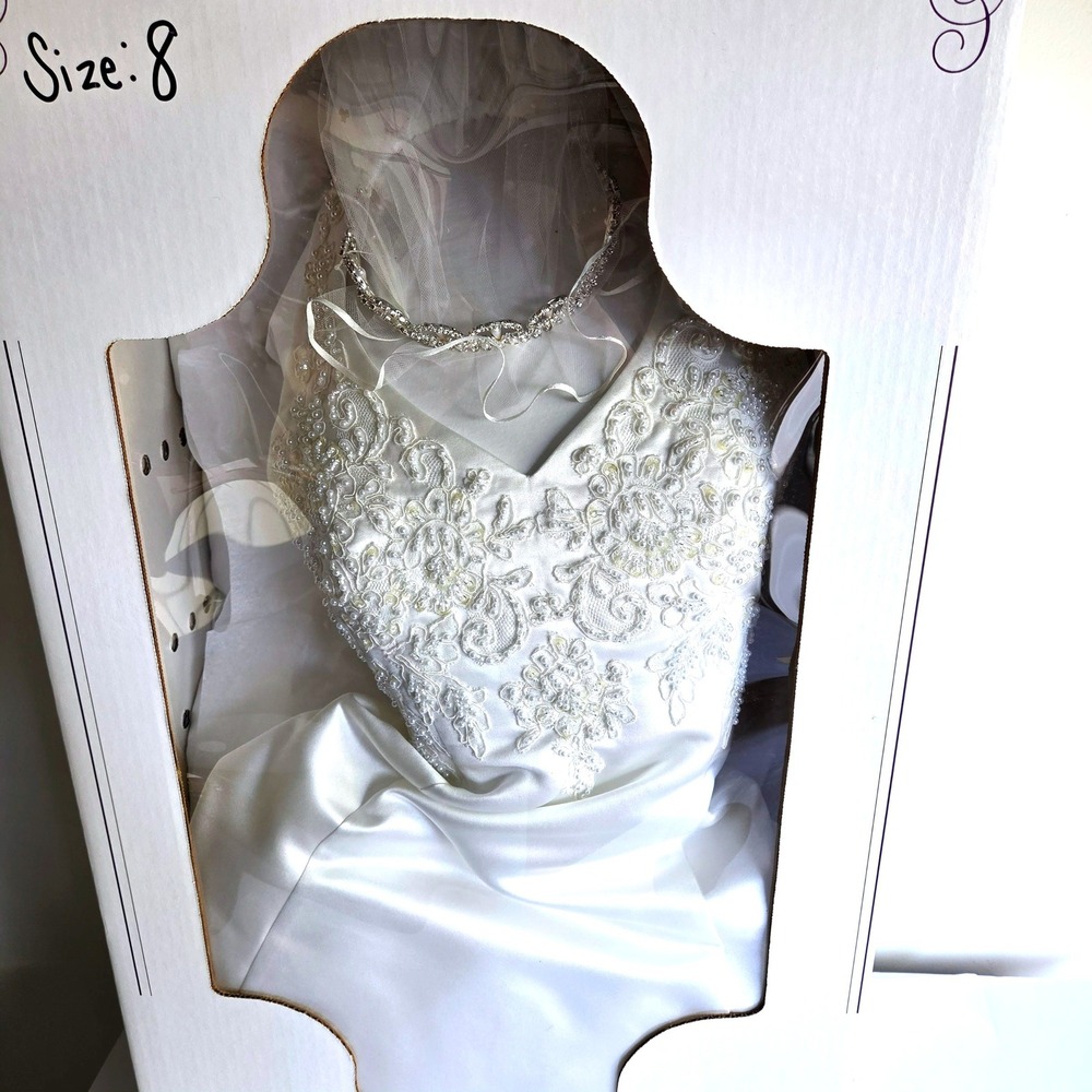 Vintage Preserved Wedding Dress 8 Sealed Box Satin Beaded Lace Gown Set 77 Chars